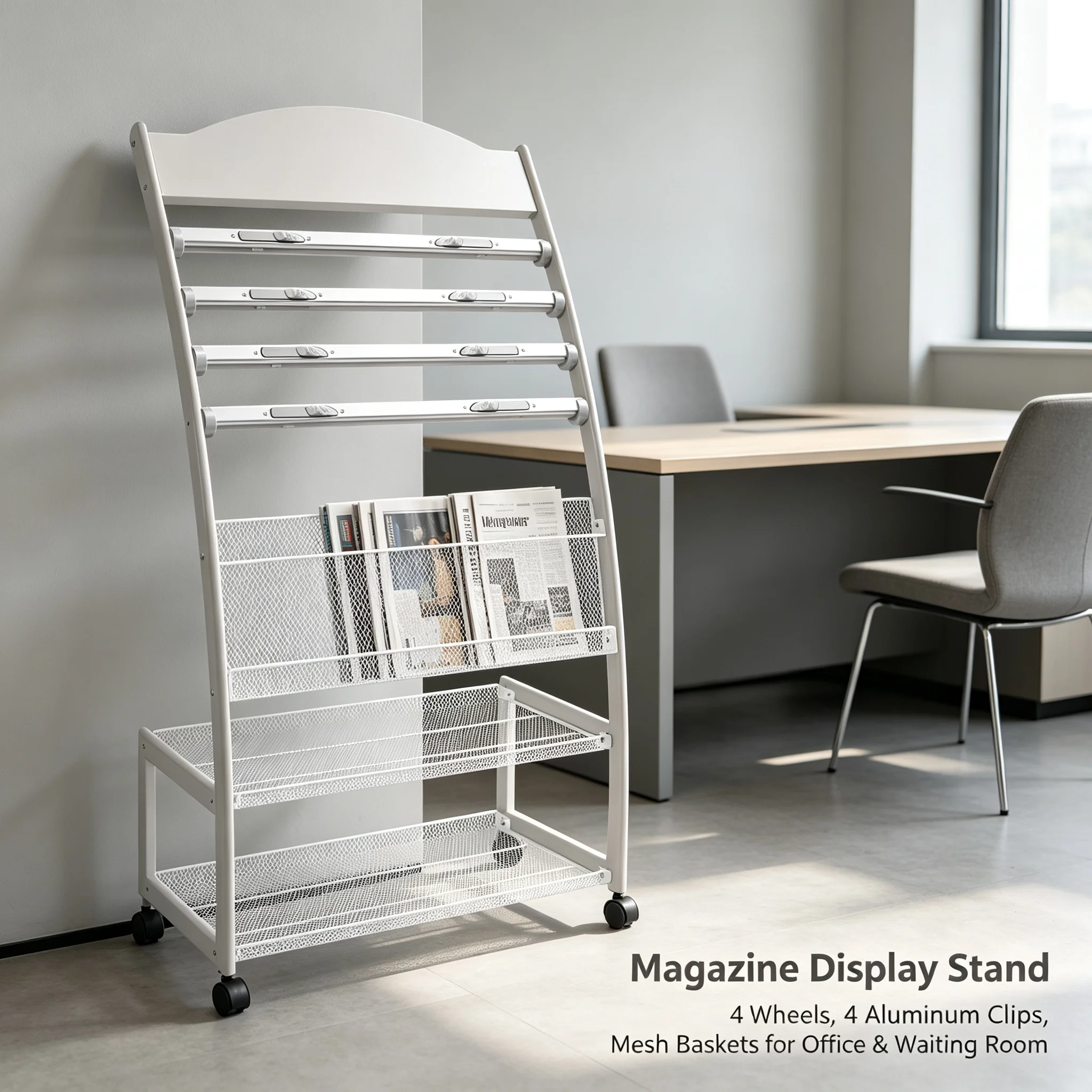 Magazine Display Stand with 4 Wheels (2 with Brakes), 4 Aluminum Alloy Clips & Mesh Baskets, Freestanding Brochure Rack for Office Waiting Room Library Store