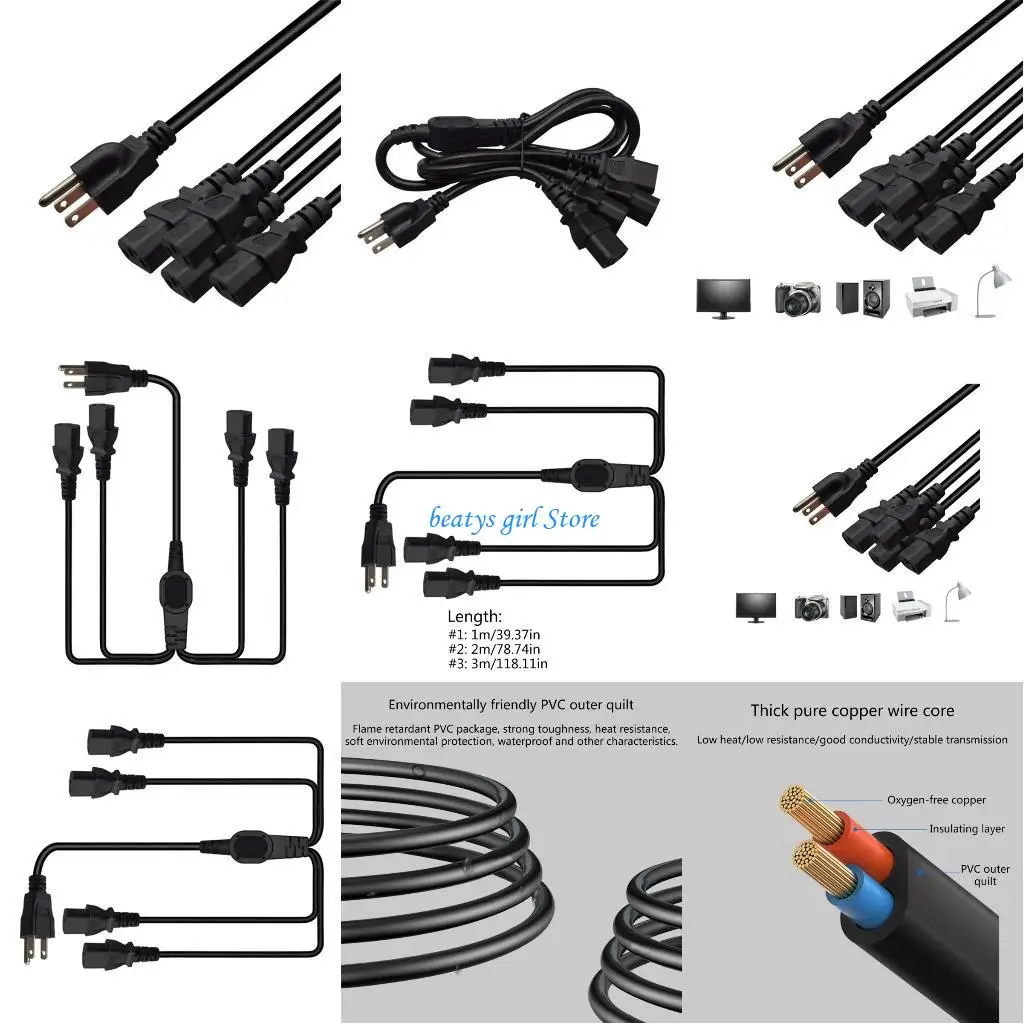 

C7AB US NEMA 5-15P 3Pin Male to 4x C13 Female Cloverleafs Power Cable Cord for TV