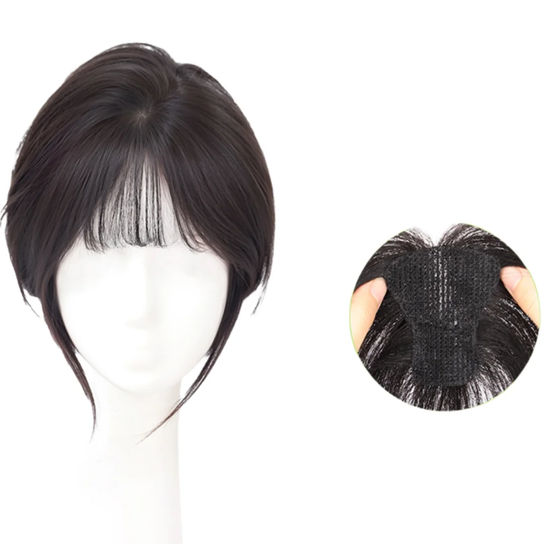 여성용 착용하기 쉬운 매직 페이스트 헤어 뱅스, 클립 없이 인모 탑퍼 프렌치 뱅스, 투명한 훅앤루프 헤어 패치