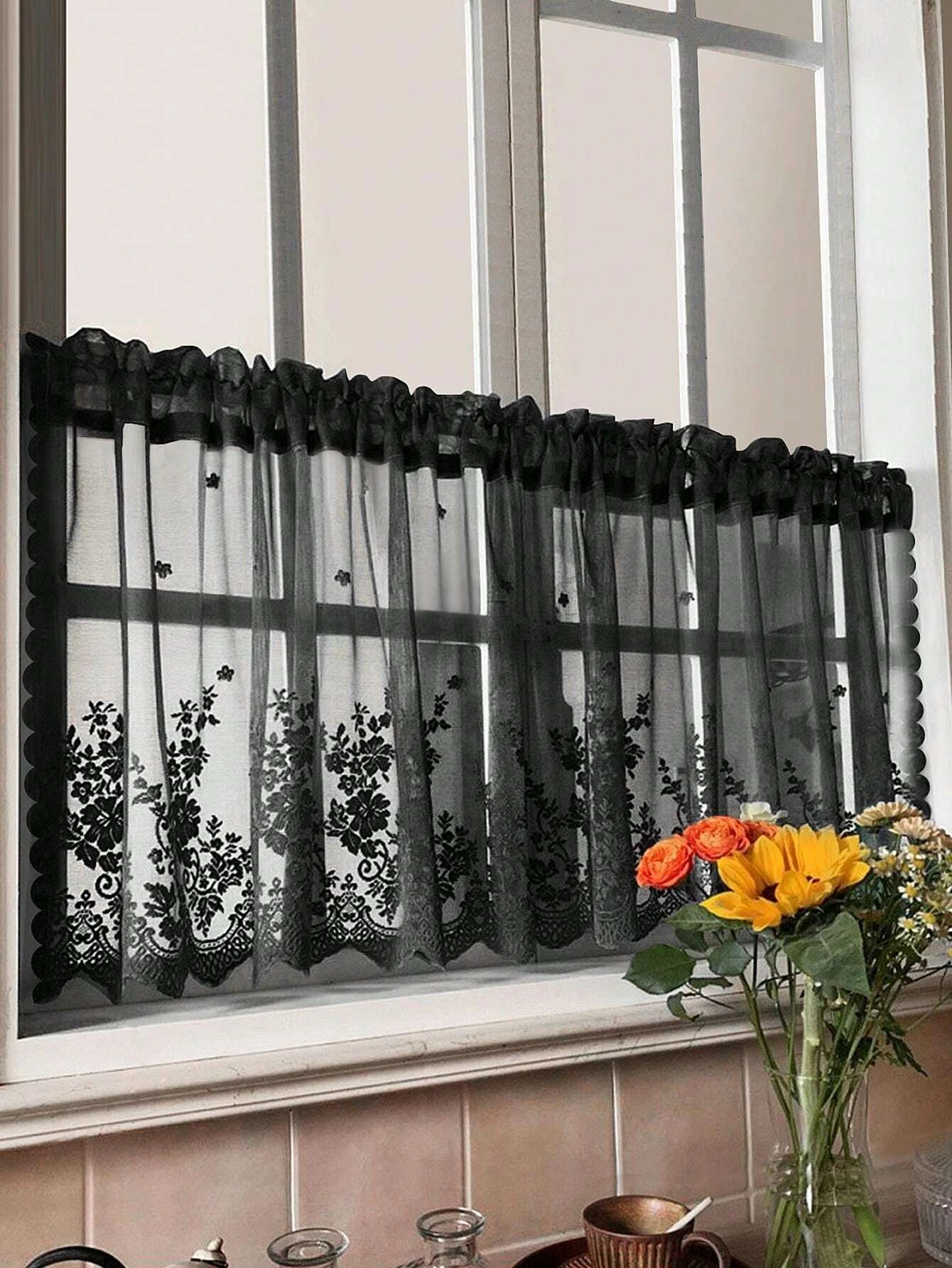 1pc Black Floral Lace Cafe Curtain, Rod Pocket Short Sheer Window Valance Curtain with Scalloped Edge for Kitchen Small Window
