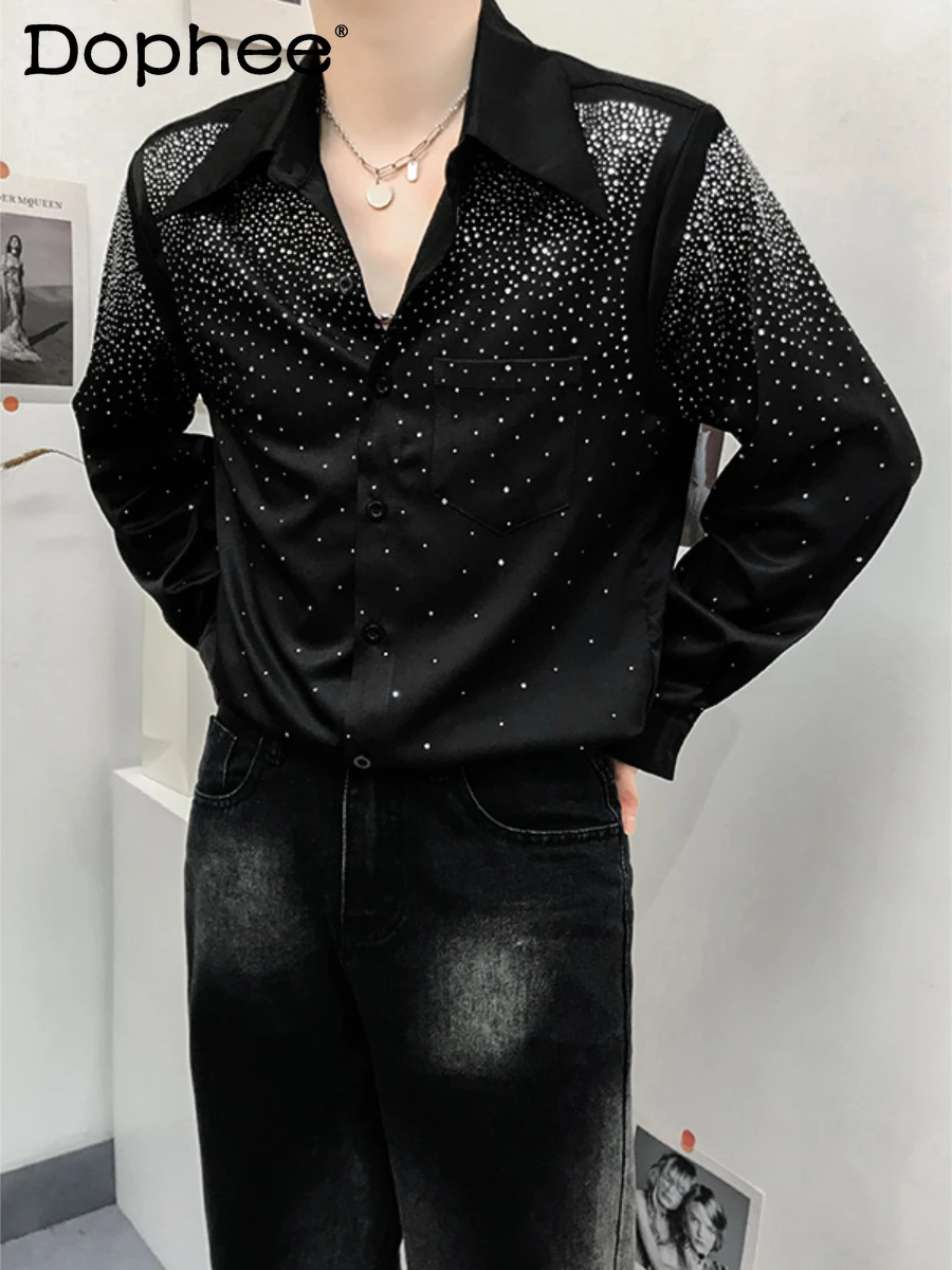 

Men's Padded Shoulder Shirts Men's Handsome 2024 Spring Summer New Design Fashion Tops Loose High-End Starry Rhinestone Shirt