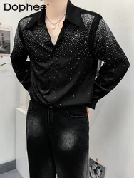 Men's Padded Shoulder Shirts Men's Handsome 2024 Spring Summer New Design Fashion Tops Loose High-End Starry Rhinestone Shirt