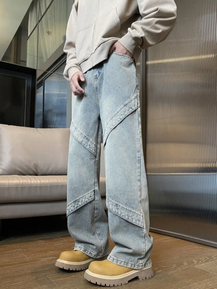 

Waed Vintage Workwear Jeans Men's Design Patchwork Trendy Straight Leg Long Pants Spring Autumn Sle Durable Stretch Denim