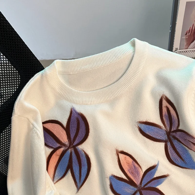 2024Autumn New Purple Flower Flocking Embroidered Crew Neck Long-Sleeved Sweater Top Versatile Slimming Sweater Women