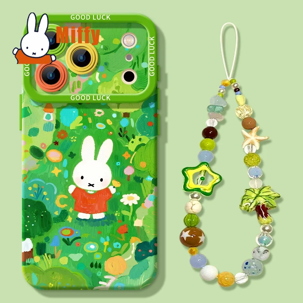 Kawaii Miffy IPhone 17 To 11series Case Cute Silicone Soft Cover Coconut Tree Charm Star Bead Strap Garden Floral Fgirl Gift