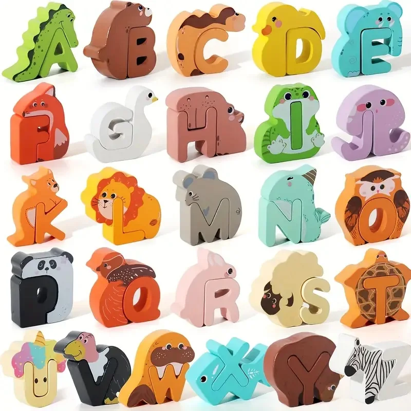 52pcs Wooden Alphabet & Animal Puzzle - Educational ABC Sort & Stack Matching Game for Children Fine Motor Holiday Gift