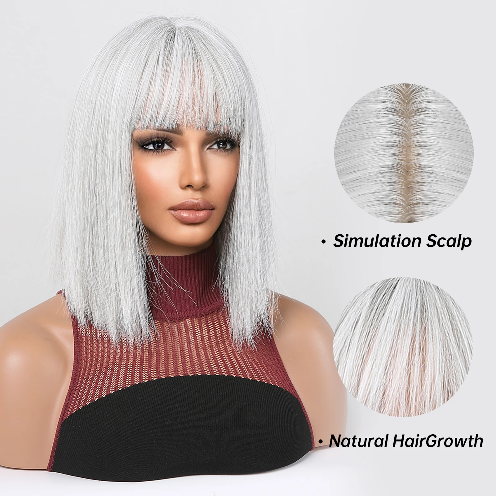 Silver Blonde Synthetic Wigs with Bangs Short Bob Silky Straight Hair Cosplay Lolita Wig High Temperature Fiber for White Women