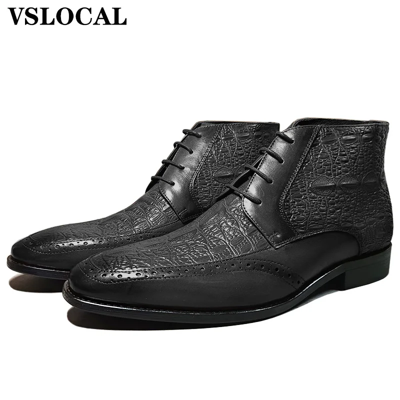 

Luxury Brand Men Ankle Boots Shoes Black Brown Crocodile Prints Lace-up Cowboy Boots Man Genuine Leather Dress Boots Men