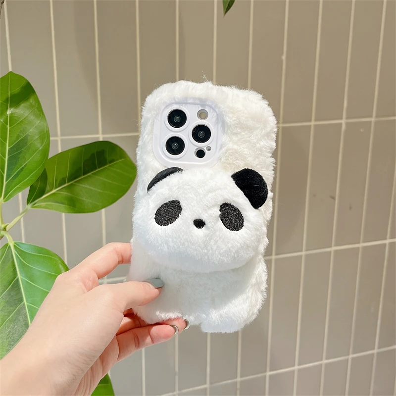 Coque de téléphone en peluche Panda 3D, étui pour iPhone 16 Plus 15 Pro Max 14 13 12 11, fourrure chaude, couverture de dessin animé mignon Kawaii