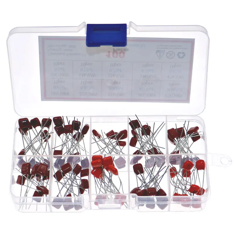 100 sztuk 10 wartość 100V CBB metalizowana folia poliestrowa kondensatory Mix paczka zestaw 10NF 22NF 33NF 39NF 47NF 100NF 150NF 220NF 330NF 470NF