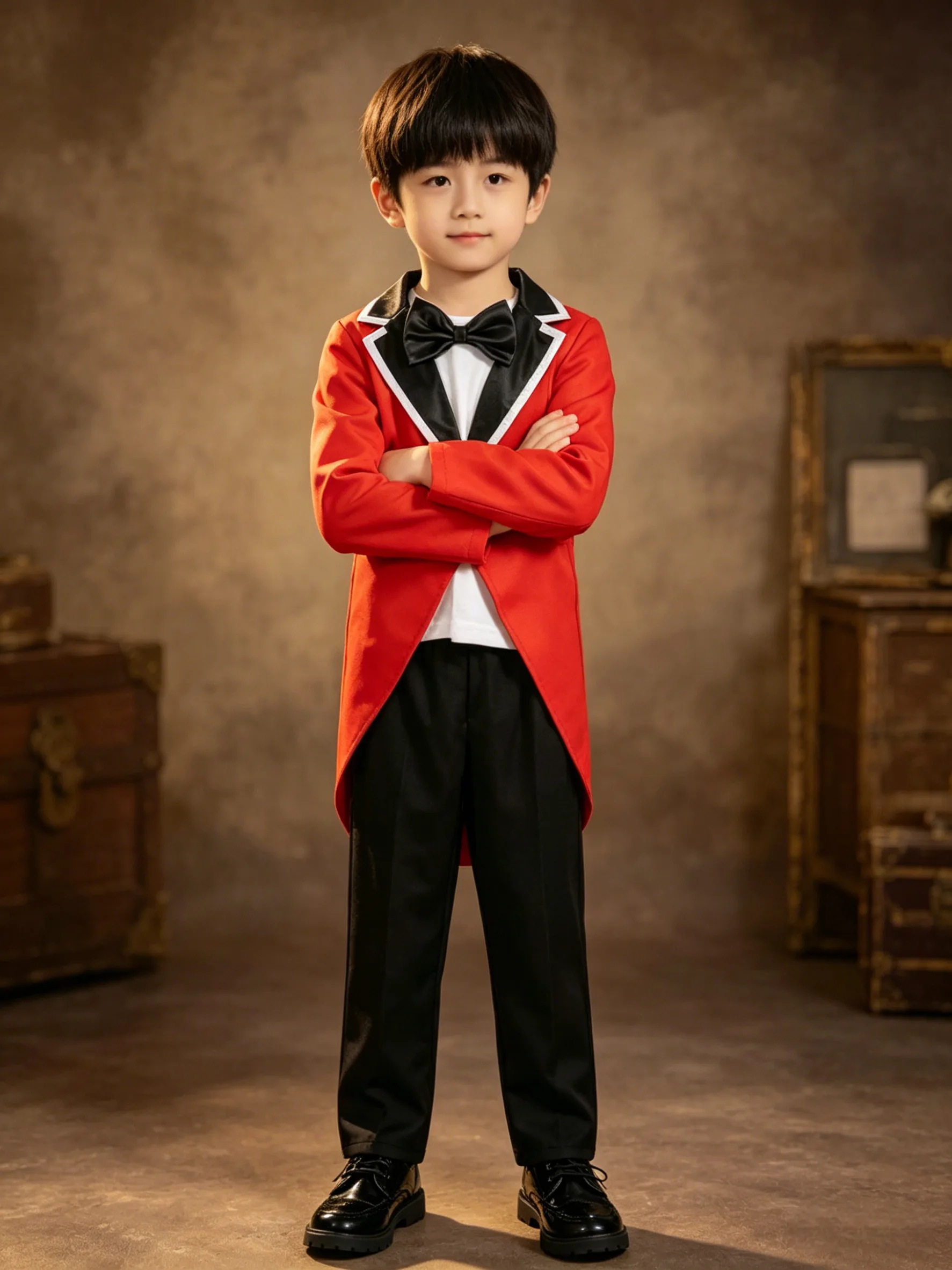 Disfraz de payaso de circo rojo para niños con corbata de lazo para Halloween y cosplay