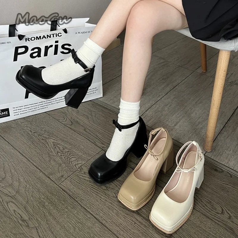 

Женская обувь Мэри Джейн из искусственной кожи с квадратным носком, женские элегантные уличные туфли-лодочки с узлом-бабочкой, весенне-осенние женские туфли Zapatos De Mujer