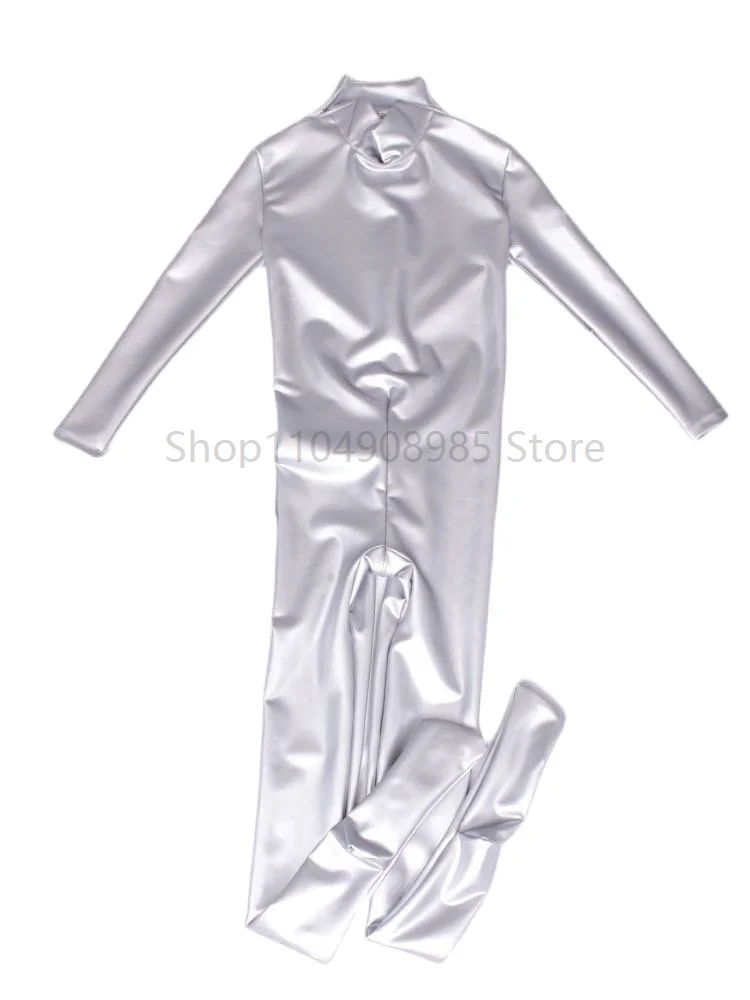 Unisex Faux Latex Catsuit Elastic PU Leather Zipper Open Crotch Bodysuit Tight Cosplay Conjoined Sexy Bodystocking Leotard view 3