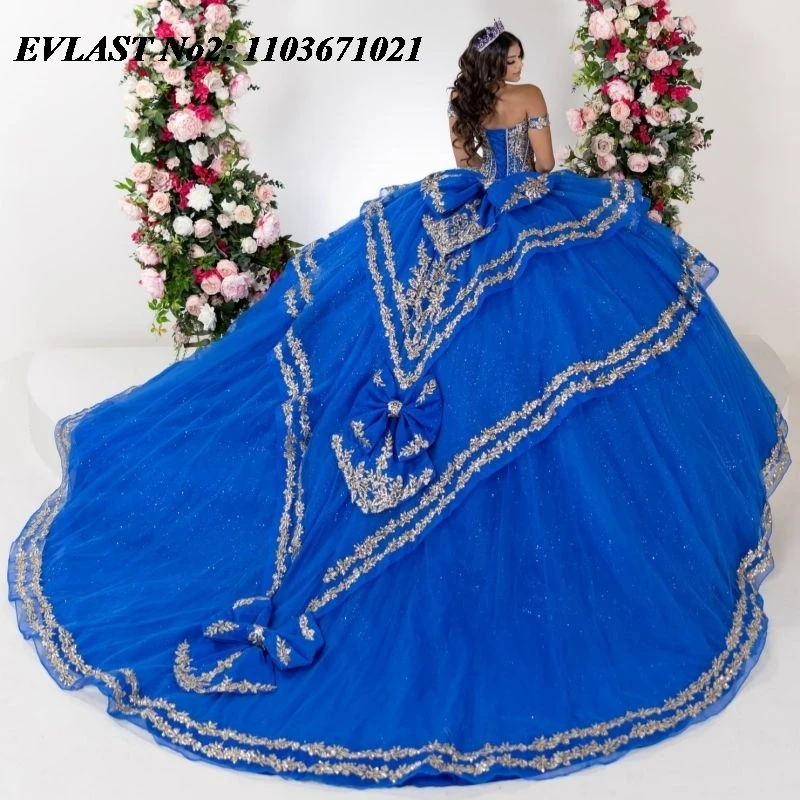 EVLAST Customized Mexican Royal Blue Quinceanera Dress Ball Gown Gold Applique Beading Tiered Sweet 16 Vestidos 15 Anos E2QA140
