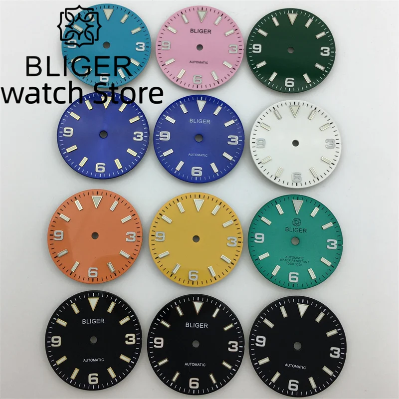 BLIGER 29mm Dial hitam hijau biru putih kuning cocok untuk NH35 NH36 ETA2824 Miyota 8215 821A DG2813 3804 hijau bercahaya