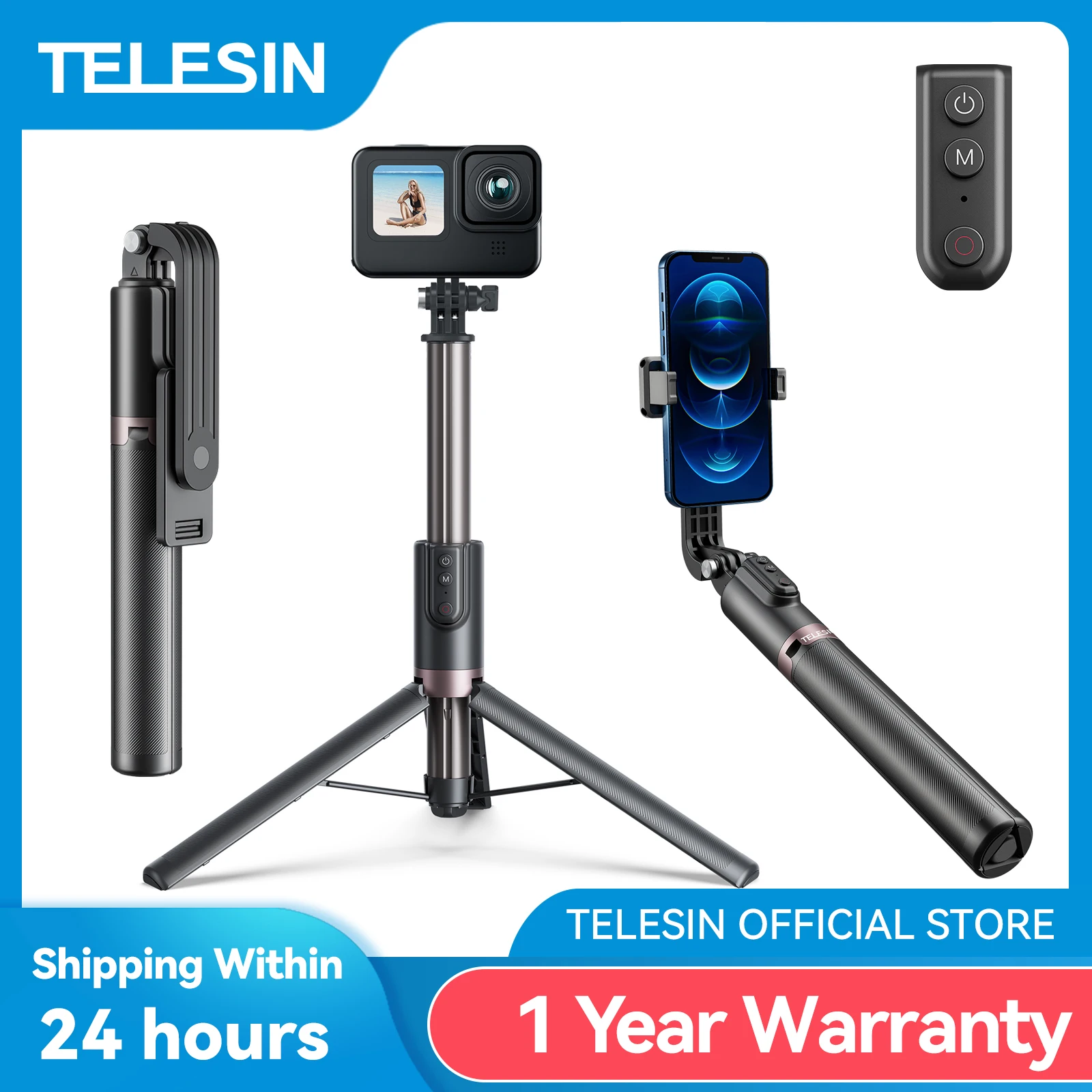 TELESIN-Tripé Selfie Stick com Bluetooth Sem Fio, Controle Remoto para Go Pro Insta 360 DJI, Câmera de Ação, Telefone Inteligente, 1.3m