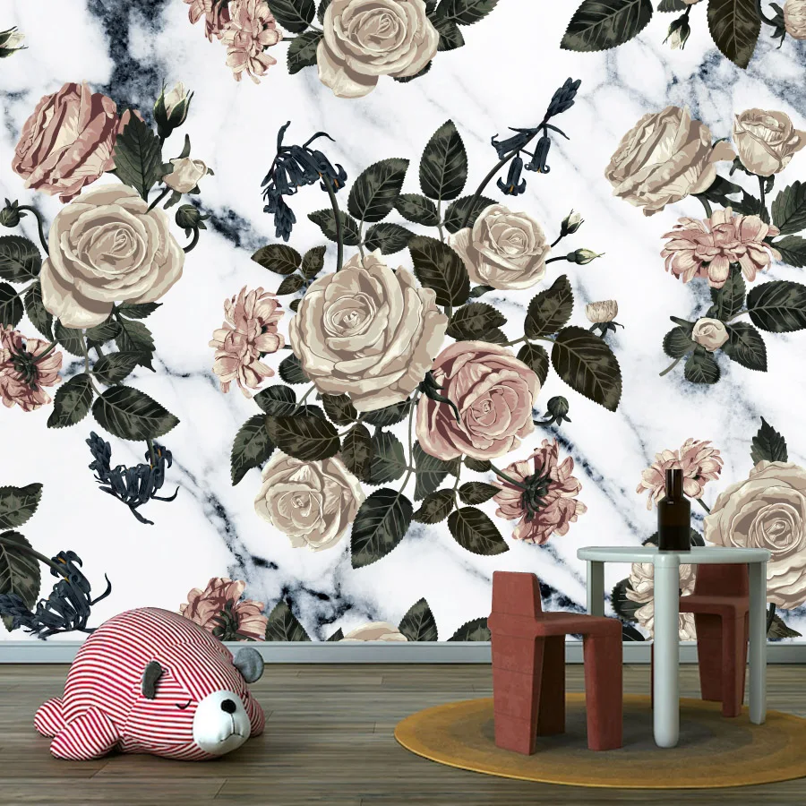 Custom Easy to Apply Peel and Stick Wallpapers for Living Room Photo Wall Papers Home Decor Floral Rose Marble Design Sofa Mural