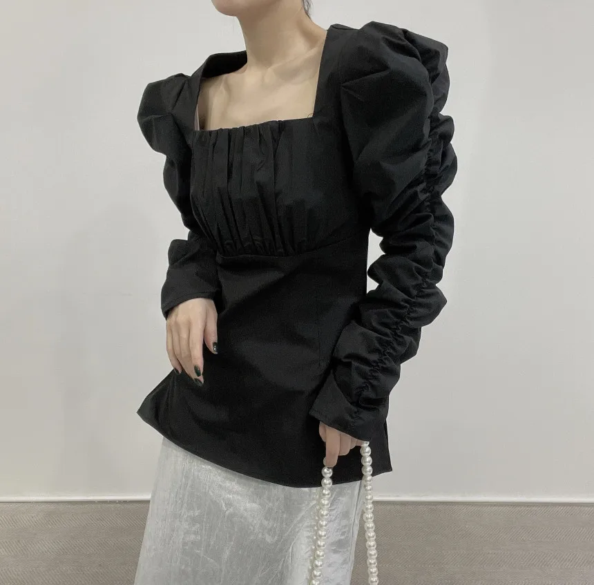 REALEFT 2022 New Spring Pile Sleeve 여성용 블라우스 Sqaure Collar 캐주얼 루즈 여성 블라우스 Solid Chic Tops Workwear Shirts