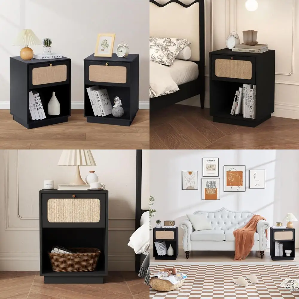 Modern Retro Wooden Nightstands Set of 2, Bedside Tables with Drawer and Shelf, Compact End Tables for Small Spaces