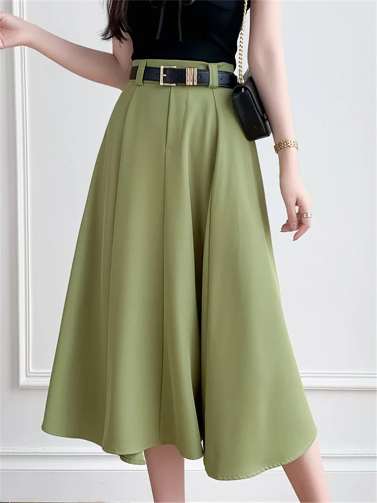 

High Waist Green Women's Office A-Line Skirts with Belted 2023 New Spring Summer Elegant Umbrella Black Midi Skirts Ladies
