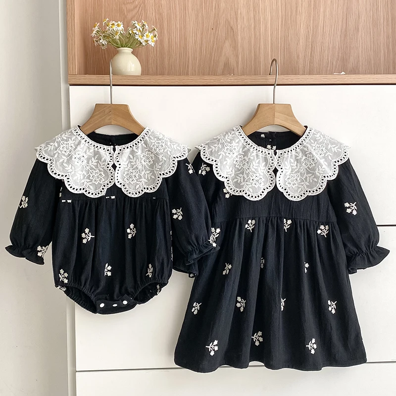 فستان أطفال لخريف 2025 للأخوات من عمر 0 إلى 7 سنوات فستان بناتي مطرز بالزهور فساتين أميرات للأطفال رومبير قطني للفتيات الصغيرات