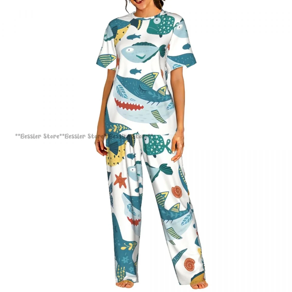

Women Pajama Sets Lounge Sleepwear Funny Shark Fish In Scandinavian Style Short Sleeve Nightwear