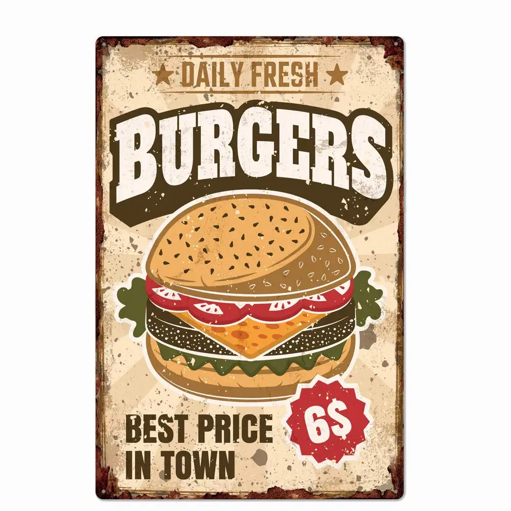 

Retro Design Daily Fresh Burger Tin Metal Signs Wall Art | Thick Tinplate Print Poster Wall Decoration for Kitchen/Restaurant