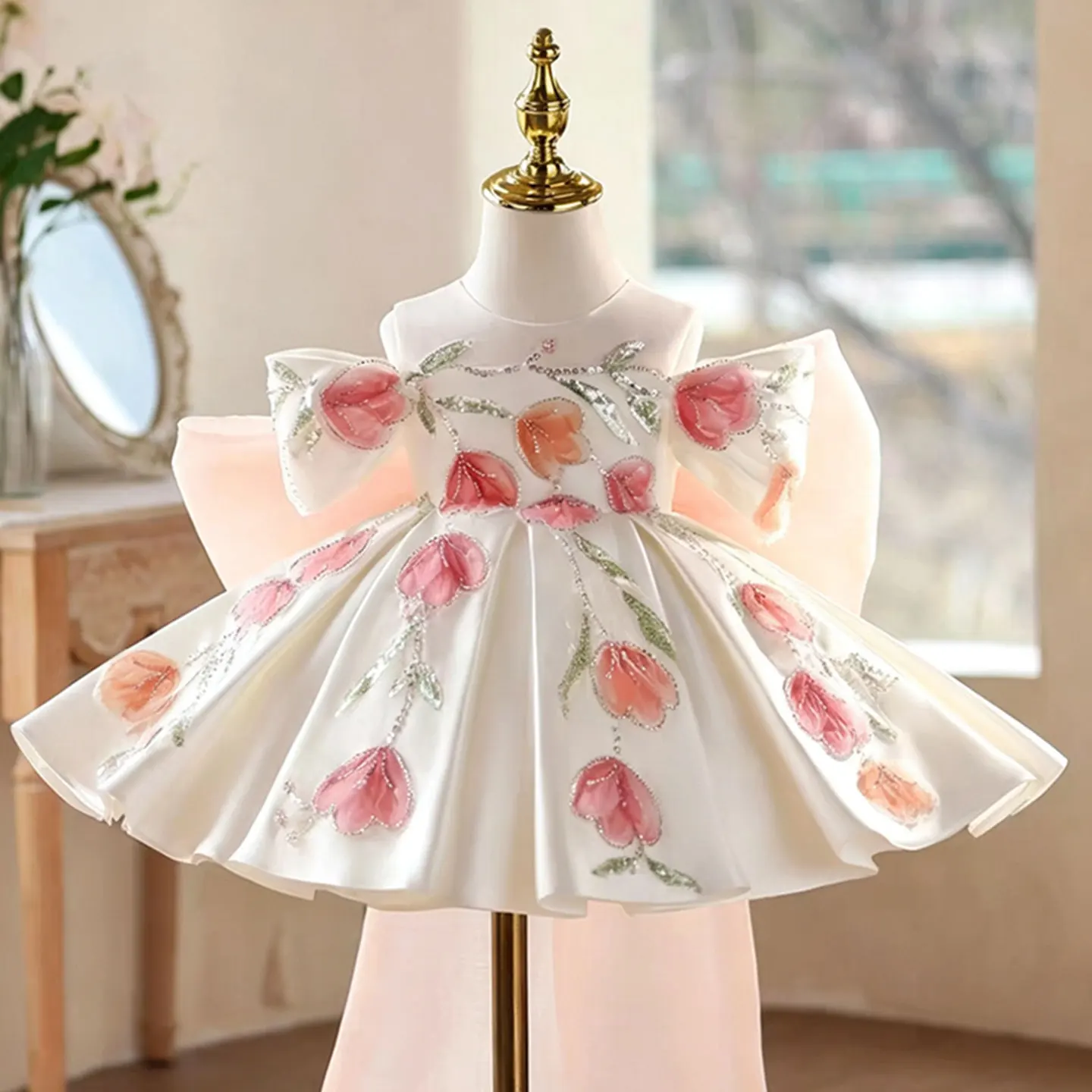 

Платье для девочек Dreamy Vow D267 белое с розовой вышивкой тюльпанов, открытыми плечами, большим бантом, атласное, для девочек, на свадьбу, для вечеринки