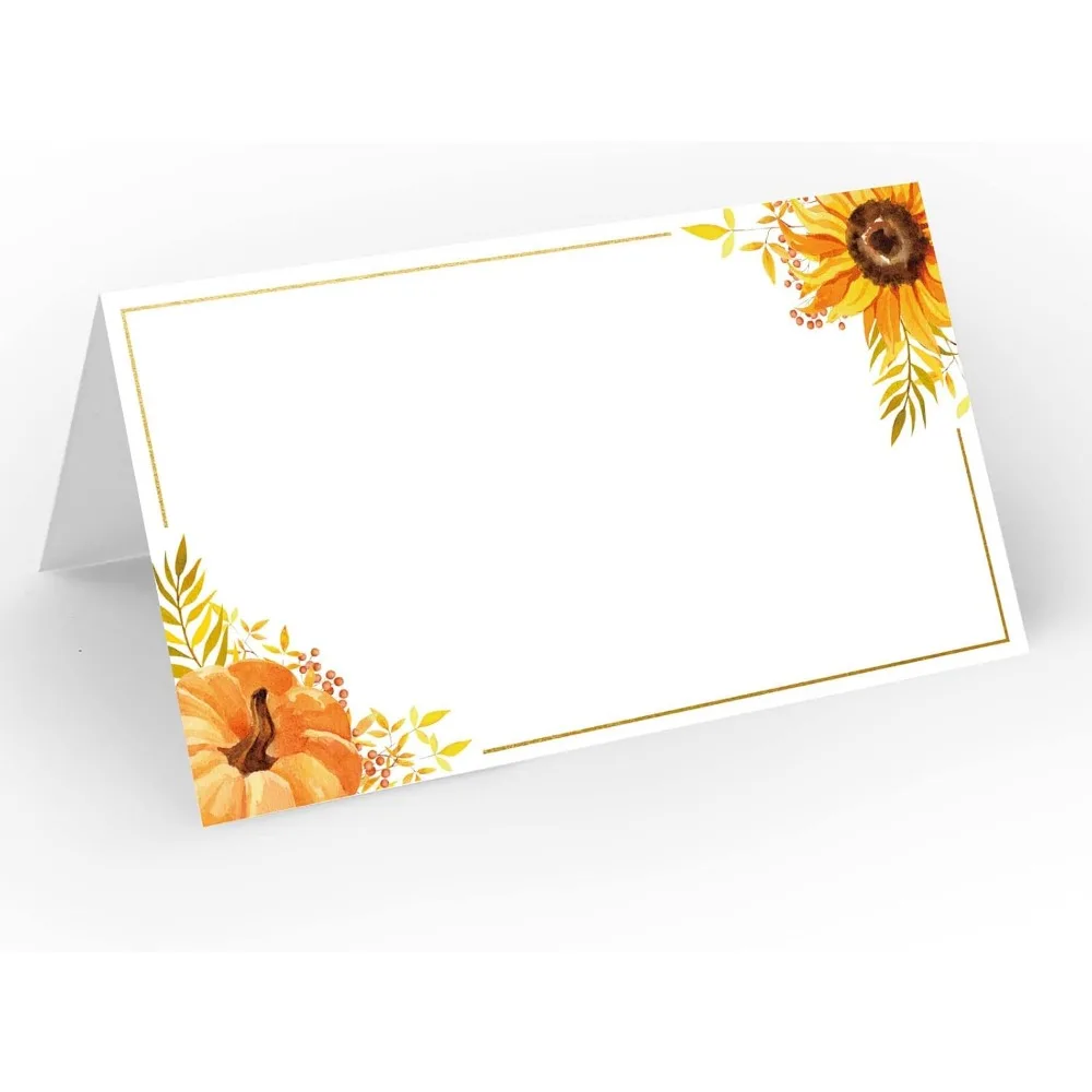 

Thanksgiving Place Cards 50Pcs Autumn Fall Table Tent Place Cards Foil Gold Sunflower Pumpkin Seating Name Escort Card F