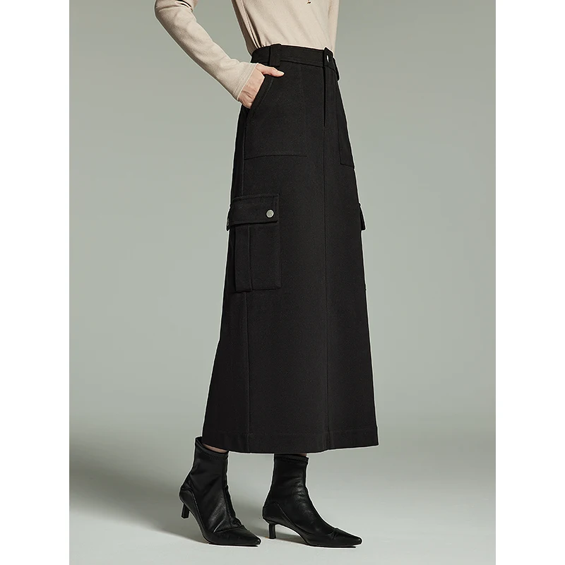 Toyouth Women Imitation Woolen Skirt 2023 Winter High Waist H-shaped Loose Multiple Pockets Fashion Warm Black Mid-length Skirt