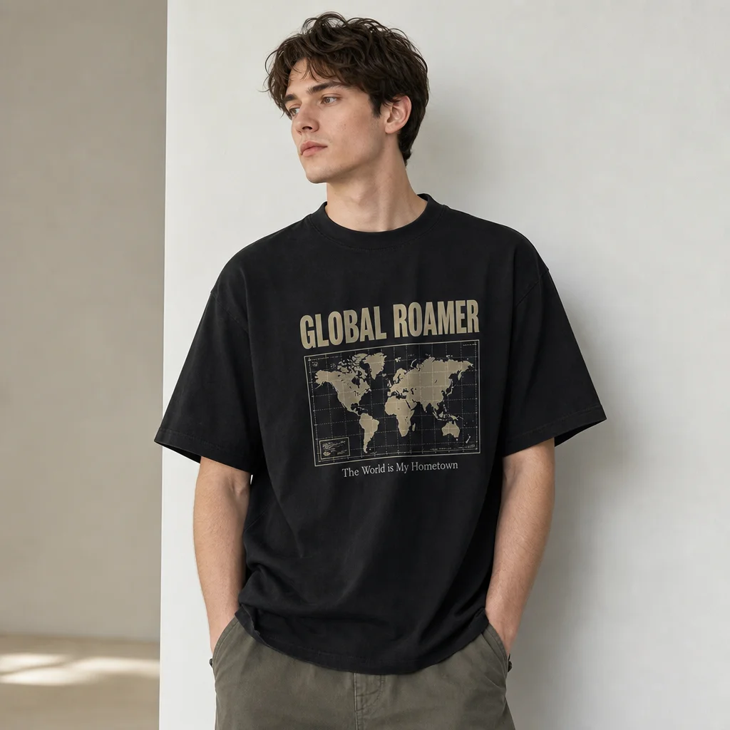 

Men Graphic T Shirt Short Sleeve Loose Fit 50 percent Cotton 50 percent Polyester Stretch Fabric Global Map Graphic Vintage