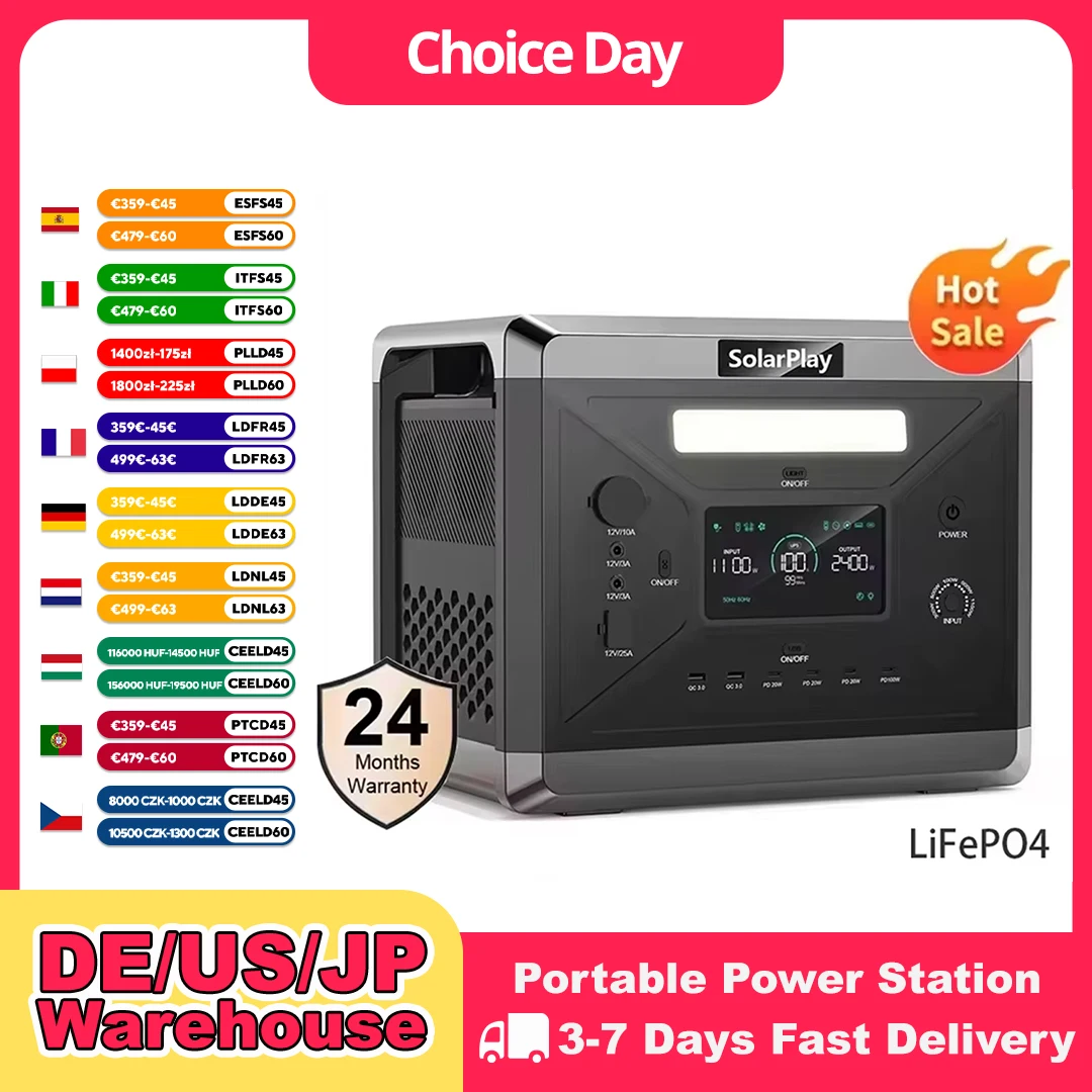 SOLARPLAY Portable Power Station Q2501 For Outdoor Camping And Home, 2160Wh LiFePO4 Battery With 12 Output Ports Solar Generator
