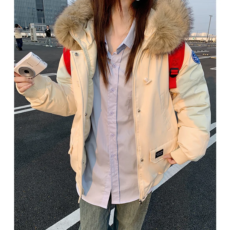 Down Jacket Women Coat Keep Warm Thickening Mao Collar Hood American Style Y2K Duck Down Feather Female Winter Short Outwear