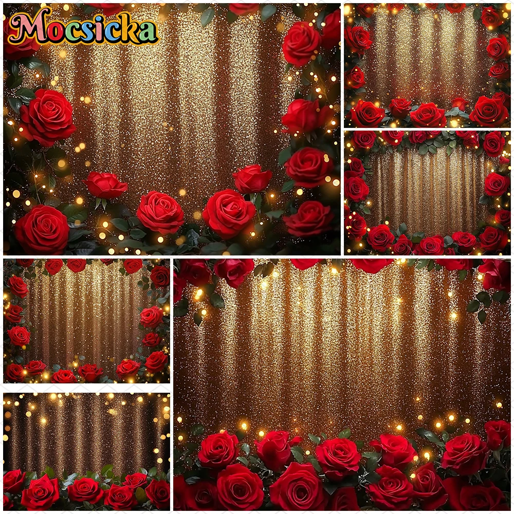 

Mocsicka Valentine's Day Background Red Rose Party Flower Gold Shiny Screen Wallpaper Wedding Decorations Backdrop Studio Banner