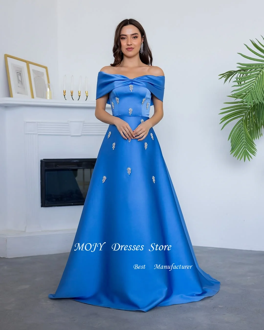 فساتين سهرة نسائية فاخرة مكشوفة الأكتاف باللون الأزرق الملكي من Mojy مع خرز 2025 ألين فستان طويل للحفلات دبي مخصص