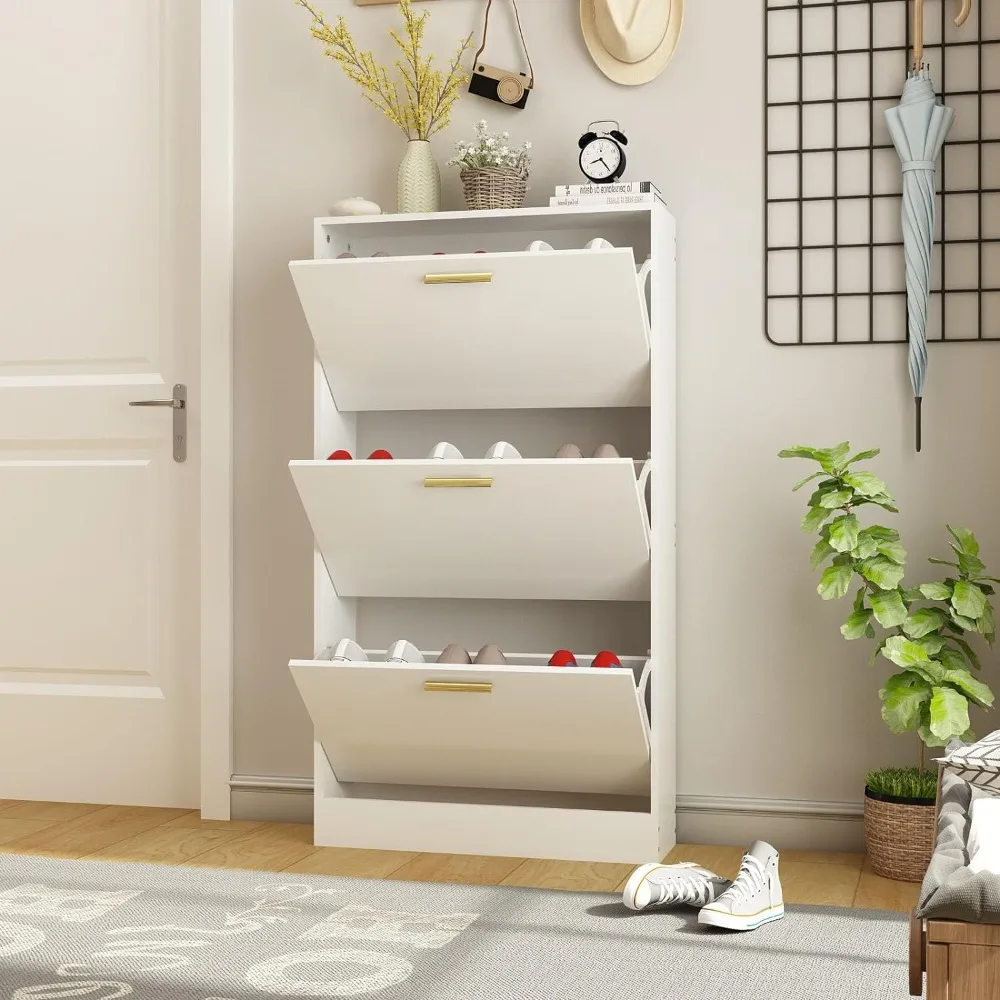 Storage Cabinet, Shoe Cabinet for Entryway with 3 Flip Drawers, Wood Hidden Shoe Storage, Freestanding Shoe Organize