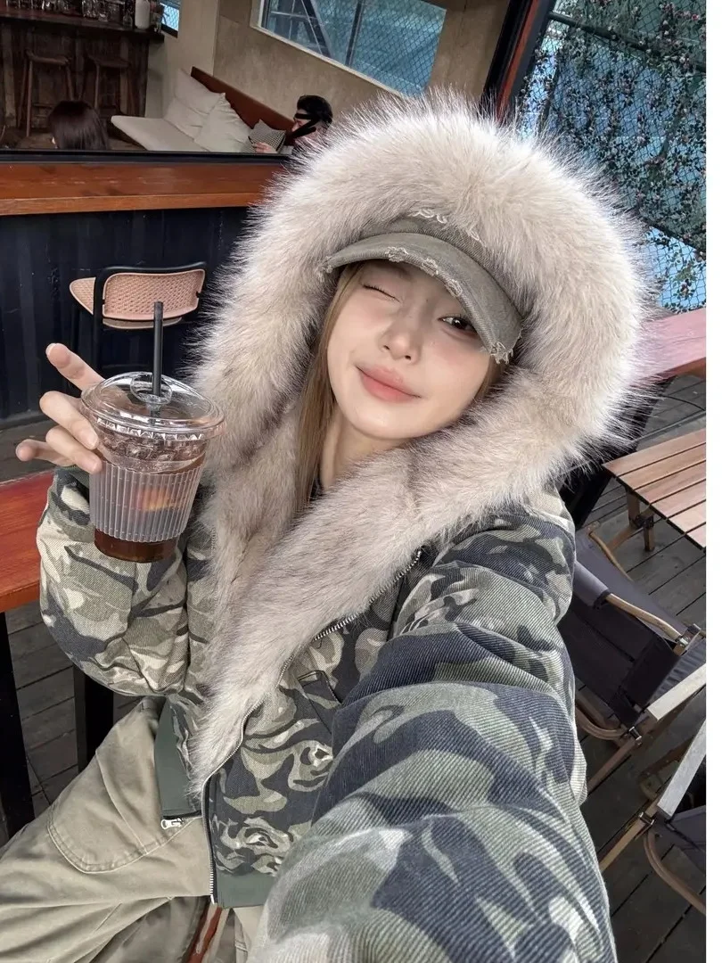 

Retro American Waed Loose Warm Thiened Fur Collar Camouflage Cotton Jaet Women's Autumn Winter Cotton Coat Men