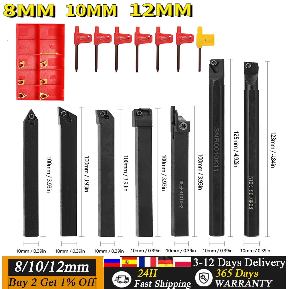 21pcs 12mm 10mm 8mm Shank Lathe Turning Tool Holder Boring Bar Lathe Tools Lathe Cutter Metal Turning Rod Holders and Inserts