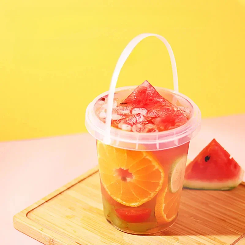 20pcs 1000ml Fruit Tea Bucket Fruit Dessert Cold Drink Packaging Disposable Commercial High-capacity Portable Milk Tea Buckets