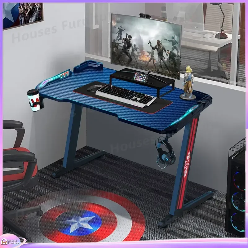 Ergonomic LED Light Computer Desk for Gaming and Office Work Carbon Fiber Style Adjustable Height Home Study Table with Touch