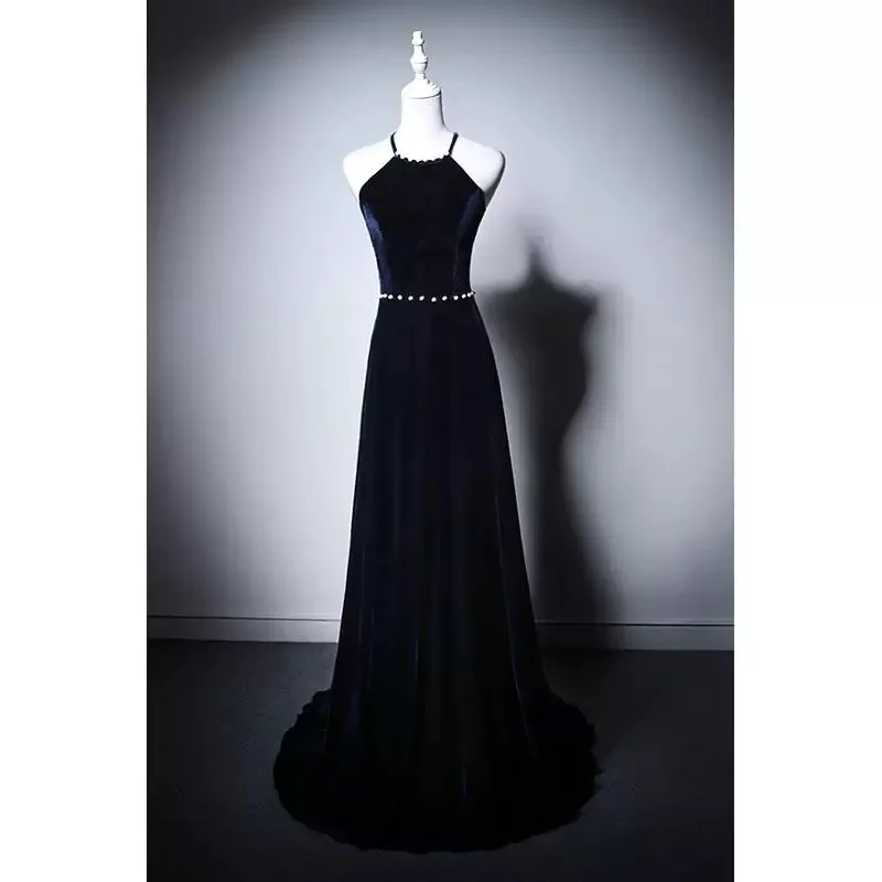 Elegant Navy Blue Prom Dresses Halter A-Line Beaded Sleevless Floor Length Velvet Host Anniversary Meeting Party Evening Gowns