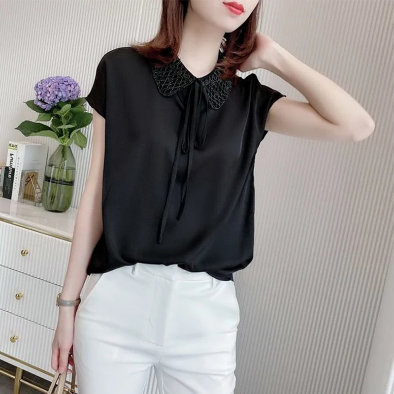 Summer New Lace Patchwork Bandage Satin Shirt Y2K Short Sleeve Solid Elegant Fashion All-match Blouse Female Clothes Top Women