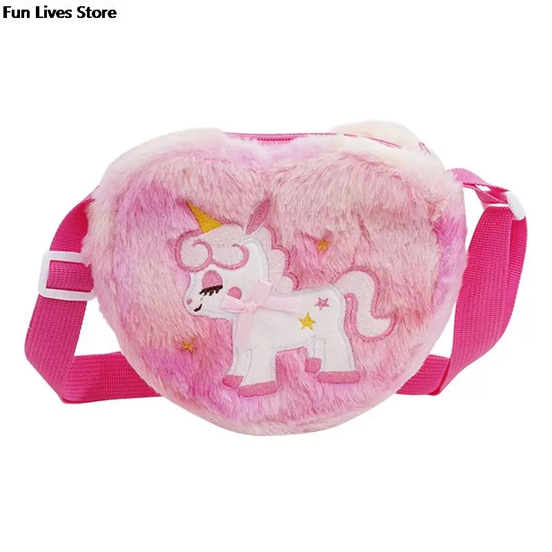 Borse a forma di unicorno a forma di cuore borsa a tracolla per bambini in cartone animato borse a tracolla in peluche cinture regolabili borse borse da scuola per bambini