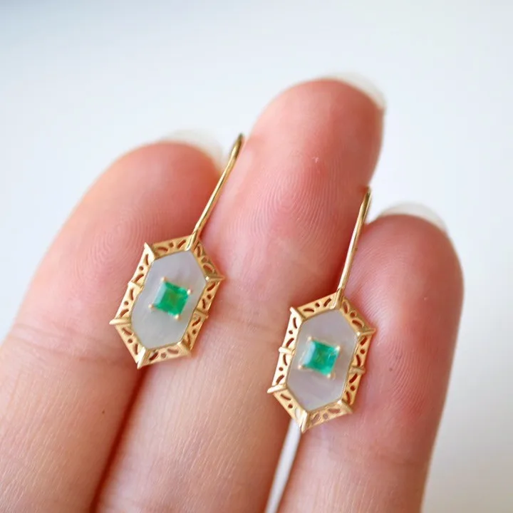 المتخصصة خمر 925 الفضة الطبيعية الأبيض قذيفة الزمرد هندسية الأذن السنانير 18K الذهب معبأ مسدس الأحجار الكريمة إسقاط أقراط مجوهرات #5