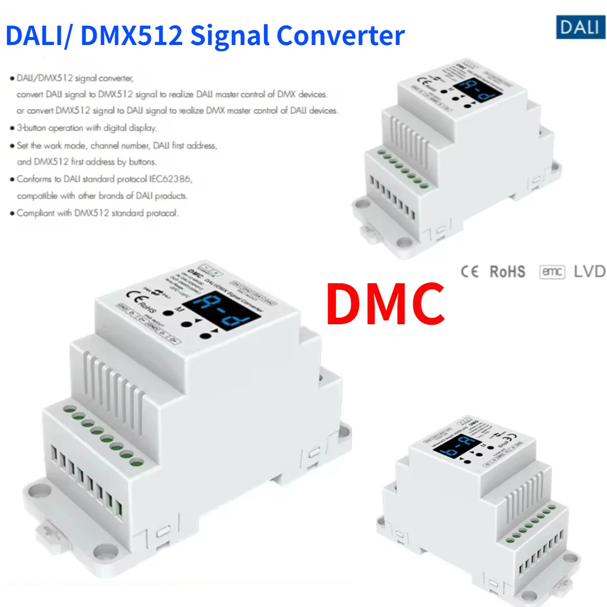 DMC 12-48VDC DALI/DMX512 Signal Converter LED Controller With Digital Display Compatible With DALI Product From Other Brand