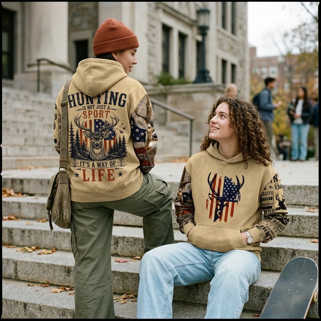 Vintage Camo Deer Hunting Print Parent-Child Long Sleeve Hoodie Casual Independence Day 4th of July Sweatshirt Tops Streetwear