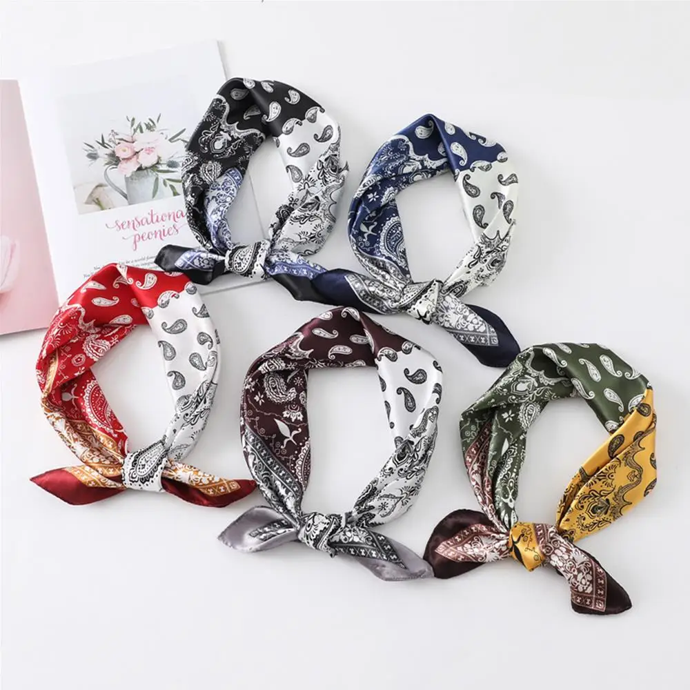 

Lovely Cashew Flower Hijab Scarves Splicing Colors Turban Headband Vintage Decor Silk Satin Bandana Head Scarf Square Scarf