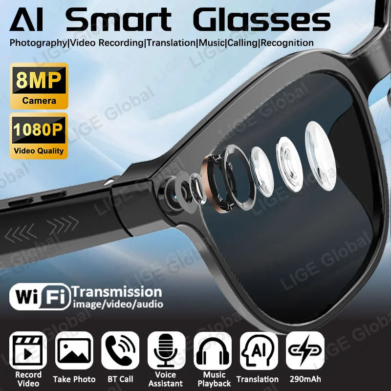 

LIGE 2026 New AI Smart Glasses 8MP HD Camera 1080P Video Recording Bluetooth Call 290mAh Chat Voice Assistant Control Sunglasses