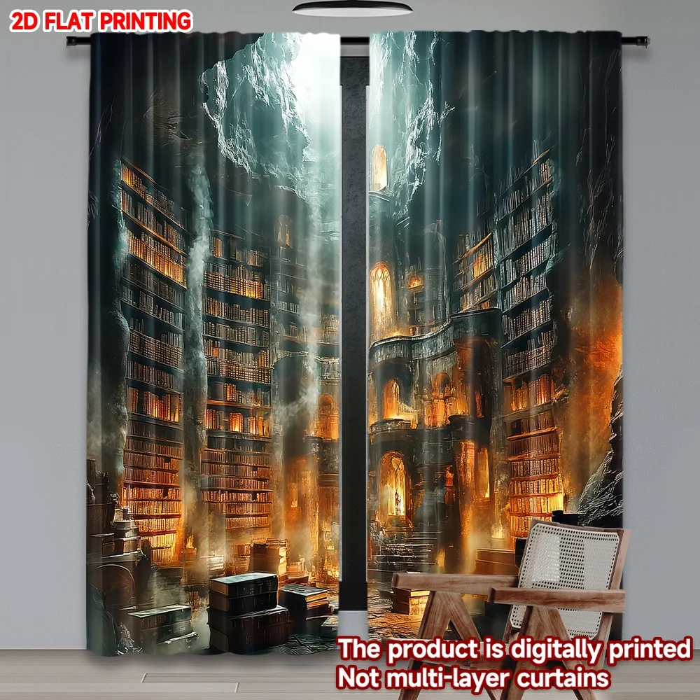 

2D flat printing 2pcs Window Drapes Enchanted Cavern Library Digital Printed Polyester Drapes Seasonal Party & Holiday Decor for