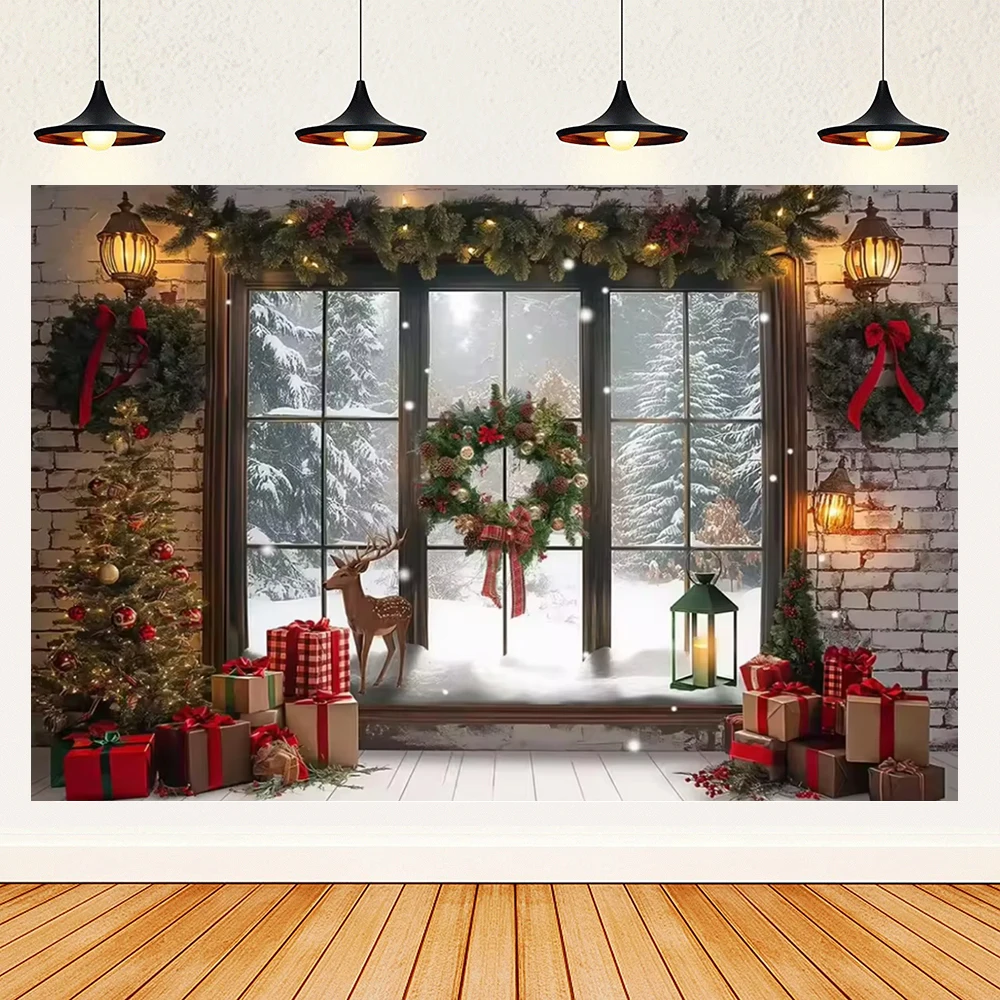 Christmas Tree Window Snowman Theme Winter Xmas Tree Red Curtain Window Santa Claus Child Birthday Photo Background Photo Zone